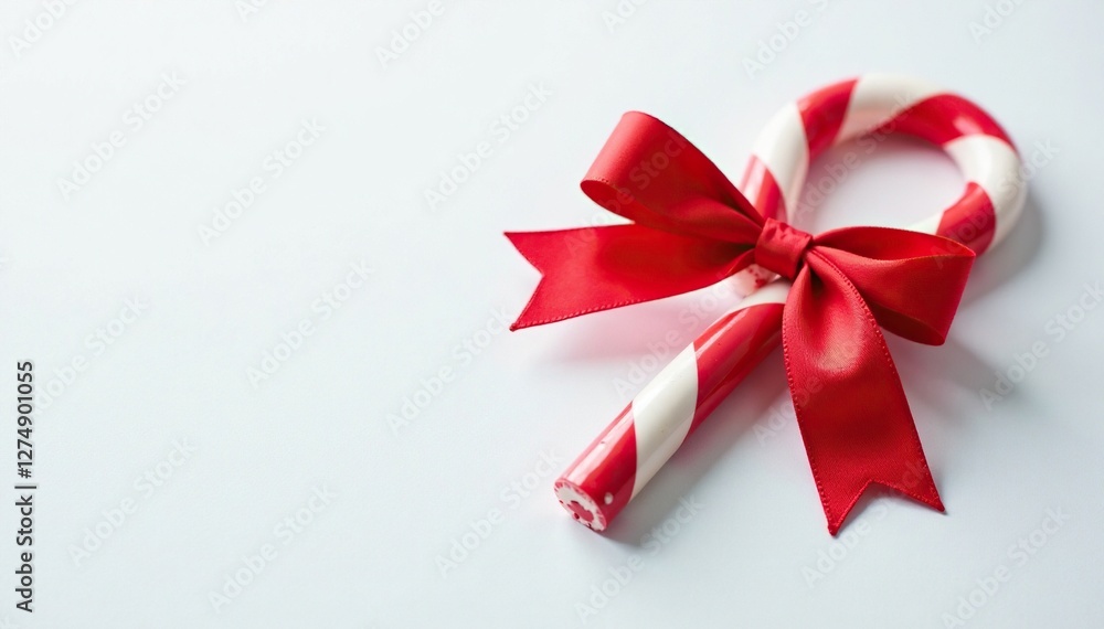 Red bow wrapped candy cane on soft white textured surface, holiday gift, texture background, colorful sweets Red bow wrapped candy cane on soft white textured surface, holiday gift, texture background, colorful sweets