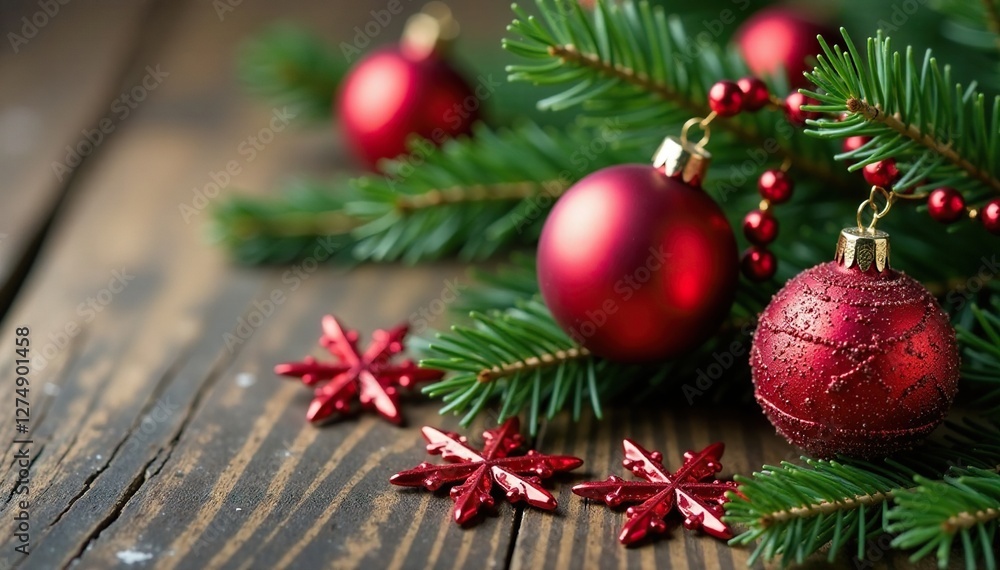 Red glass beads and snowflakes wrapped around a wooden fir branch, ornaments, Red glass beads and snowflakes wrapped around a wooden fir branch, ornaments,