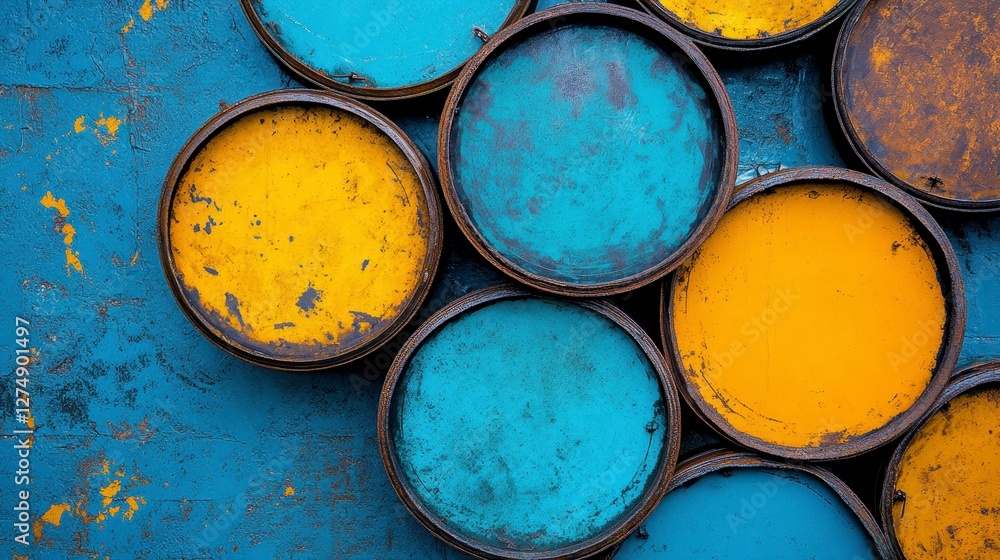 Colorful Circular Paint Cans Arranged on a Textured Blue Surface Colorful Circular Paint Cans Arranged on a Textured Blue Surface