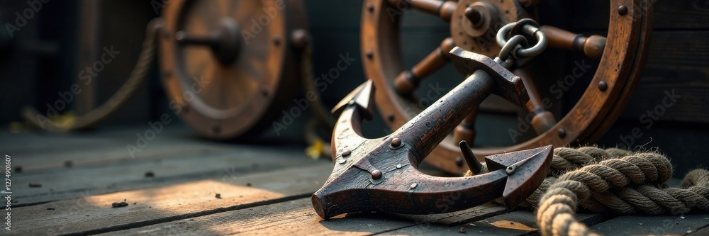 Weathered wooden anchor rests on a worn rope, amidst the shadows of an old sailing ship's wheel, rustic, sailing, vintage nautical elements Weathered wooden anchor rests on a worn rope, amidst the shadows of an old sailing ship's wheel, rustic, sailing, vintage nautical elements
