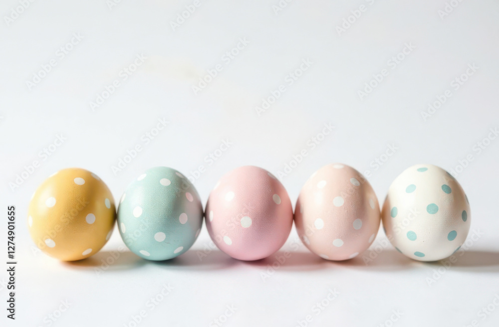 Pastel polka dot Easter eggs lined up on a white background with copy space. A minimal and elegant composition perfect for greeting cards, seasonal promotions, and festive designs. Pastel polka dot Easter eggs lined up on a white background with copy space. A minimal and elegant composition perfect for greeting cards, seasonal promotions, and festive designs.
