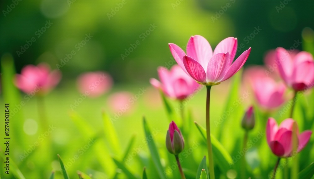 Soft petals of pink flowers sway gently in the breeze amidst lush green grass, greenery, morning Soft petals of pink flowers sway gently in the breeze amidst lush green grass, greenery, morning