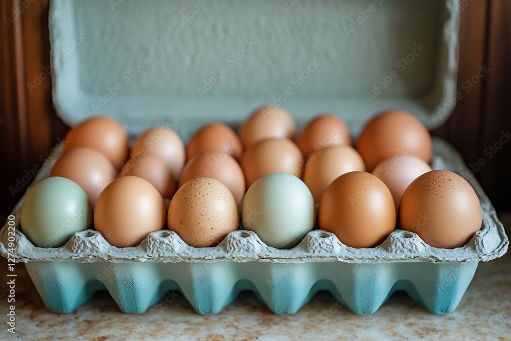 Fresh eggs in carton, kitchen counter
