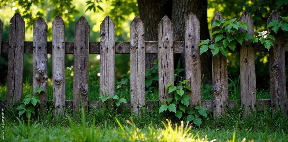 Weathered wooden fence with gnarled branches and moss, nature, earthy, overgrown Weathered wooden fence with gnarled branches and moss, nature, earthy, overgrown