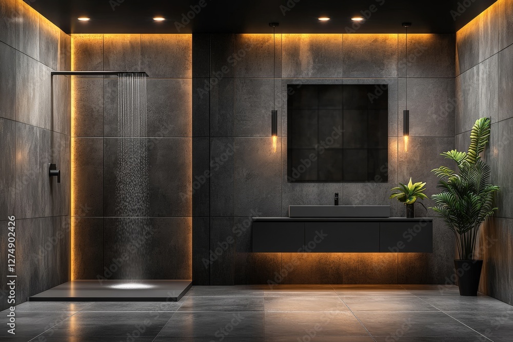 Fototapeta premium Minimalist Luxury Bathroom with Gray Tiles and Floating Vanity Design