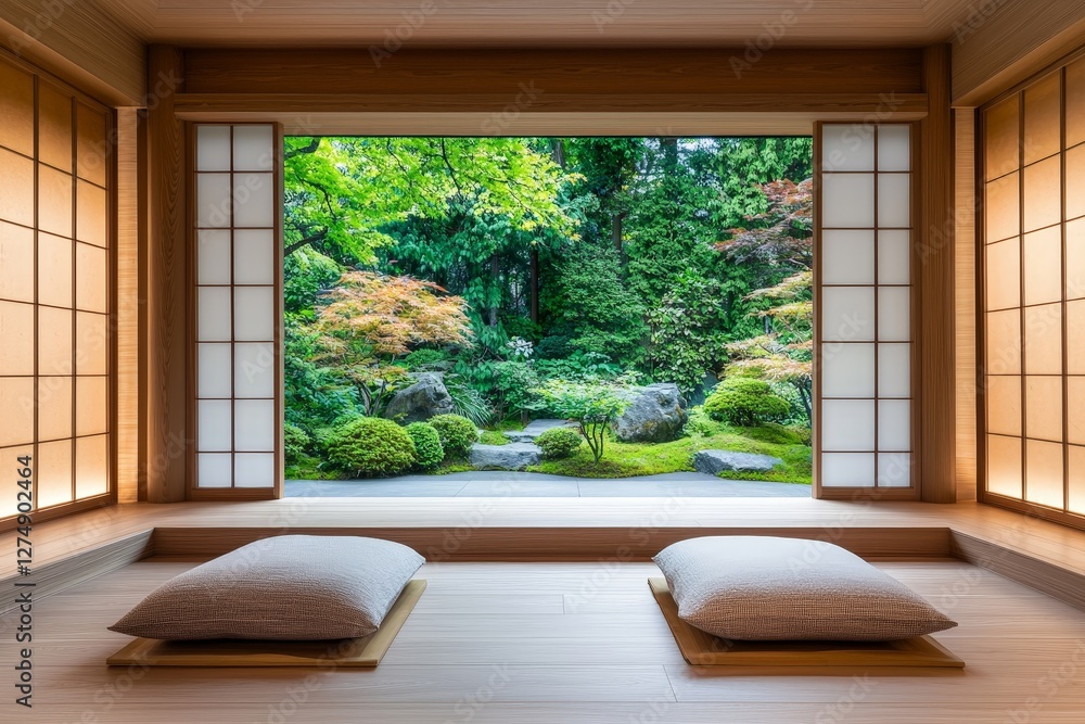 Naklejka premium Serene Zen Living Space with Natural Elements and Wooden Accents