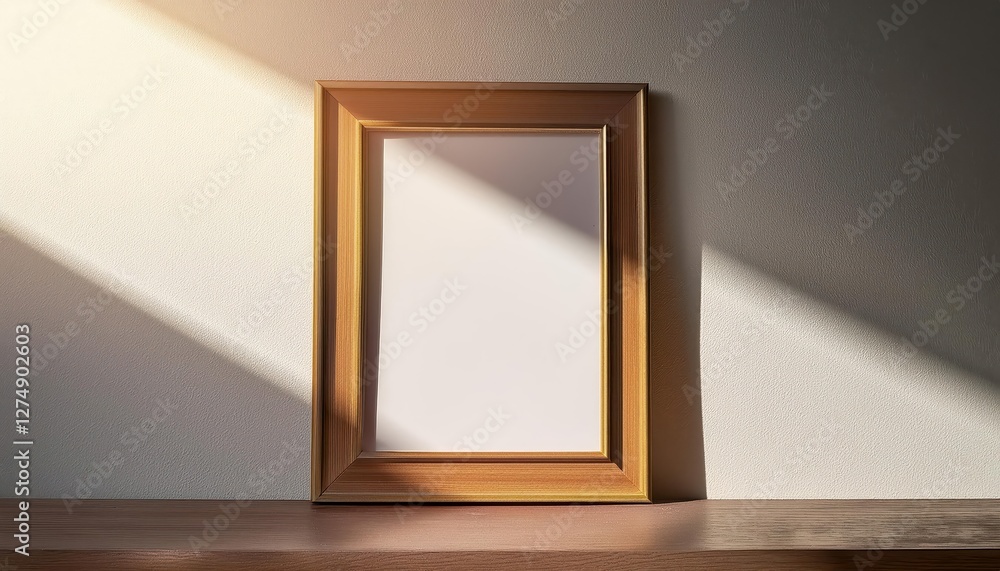 Blank Picture Frame Illuminated by Sunlight on a Wall, Radiating Warmth and Minimalist Elegance in a Soft, Golden Light Filter. Blank Picture Frame Illuminated by Sunlight on a Wall, Radiating Warmth and Minimalist Elegance in a Soft, Golden Light Filter.