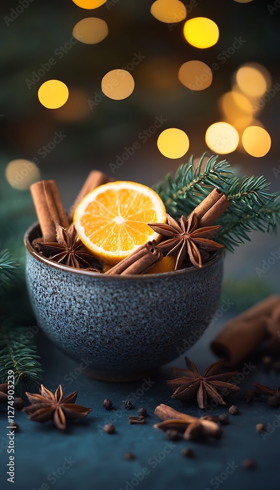 Festive spice bowl with citrus and Christmas lights Festive spice bowl with citrus and Christmas lights