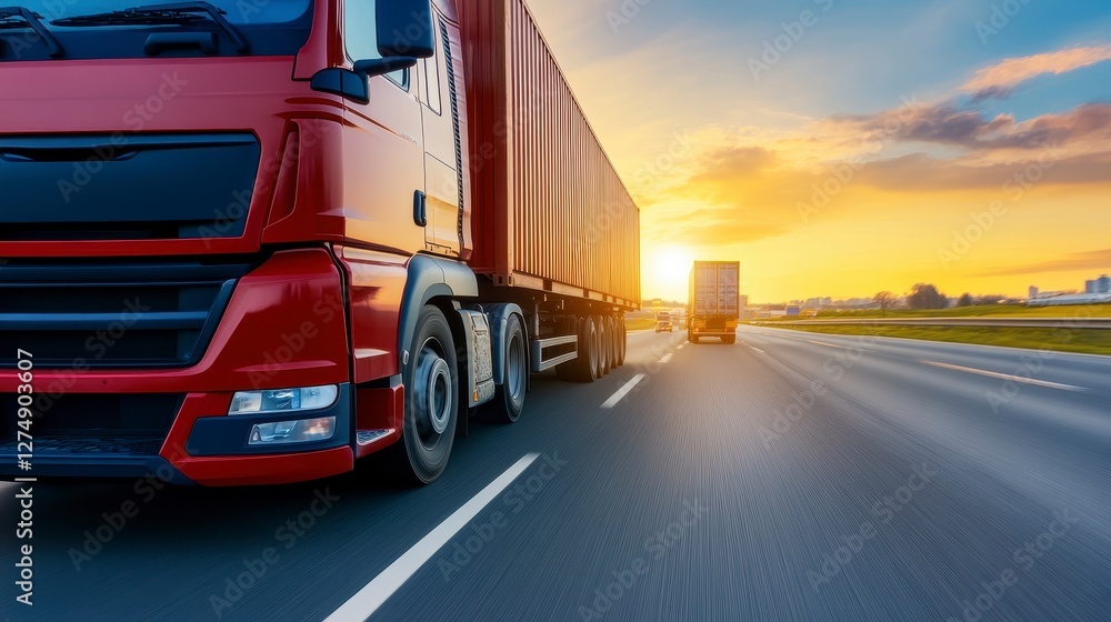 Red Truck on Highway During Bright Sunset With Container Trailer Red Truck on Highway During Bright Sunset With Container Trailer