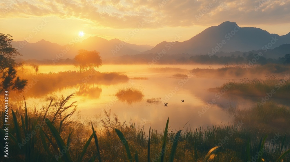 Obraz premium Serene sunrise over a misty lake surrounded by mountains and lush vegetation.