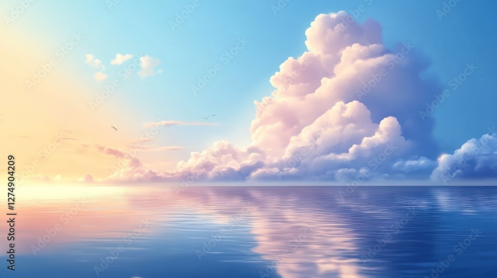 Serene sunset over calm waters with soft clouds reflecting in the water. Serene sunset over calm waters with soft clouds reflecting in the water.