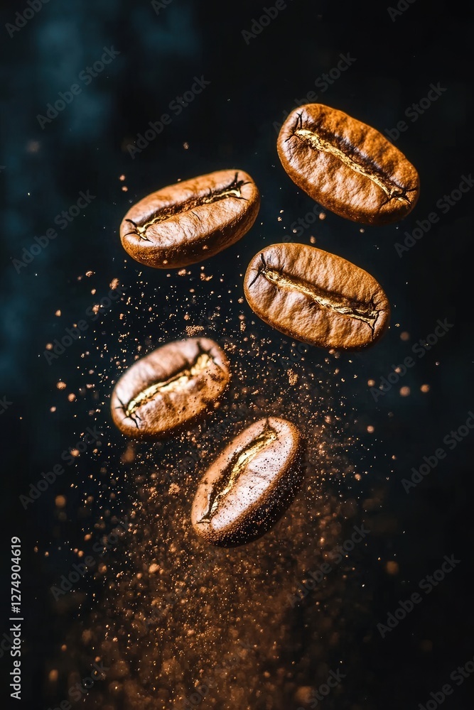 Coffee beans still life shot, floating above a dark backdrop with coffee dust. Food blog use Coffee beans still life shot, floating above a dark backdrop with coffee dust. Food blog use