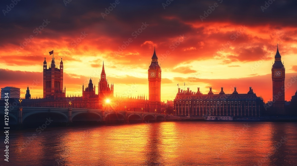 Fototapeta premium Sunset over the iconic skyline of London, featuring Big Ben and the Houses of Parliament.