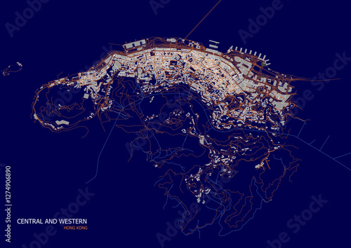 vector map of highways waterways and buildings in central and western districts in Hong Kong in blue and orange color