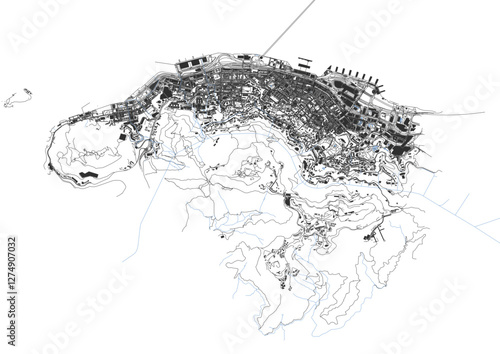 vector map of highways waterways and buildings in central and western districts in Hong Kong in black and white color