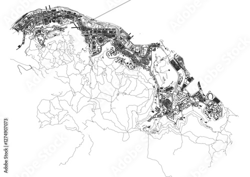 vector map of highways and buildings in eastern districts in Hong Kong in black and white color