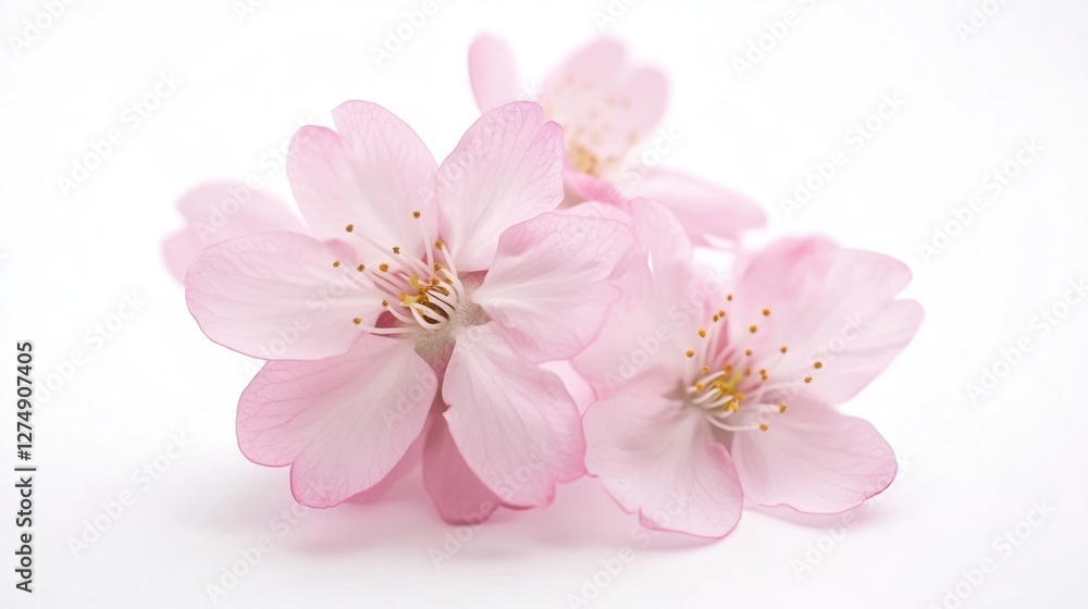 Three delicate pink cherry blossoms against a white background, showcasing nature's beauty. Three delicate pink cherry blossoms against a white background, showcasing nature's beauty.