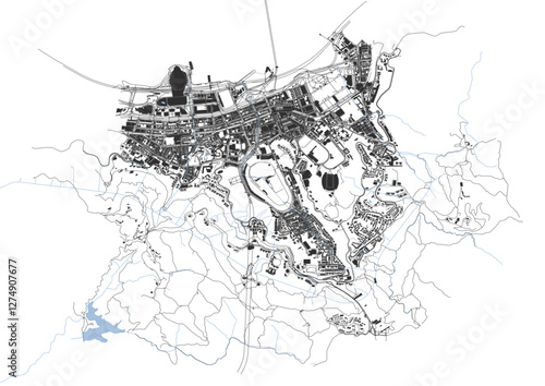 vector map of highways waterway and buildings in central and wan chai districts in Hong Kong in black and white color