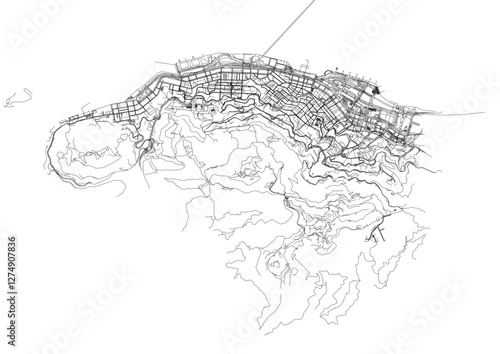 vector map of highways  in central and western districts in Hong Kong in black and white color