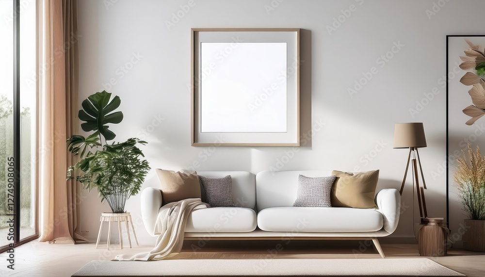 Minimalist White Living Room Design Showcasing a Blank Picture Frame Mockup against a Clean White Wall, Embracing Tranquility and Elegance. Minimalist White Living Room Design Showcasing a Blank Picture Frame Mockup against a Clean White Wall, Embracing Tranquility and Elegance.