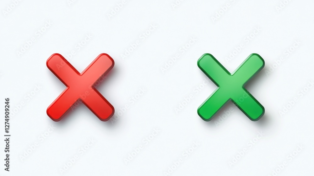 Obraz premium Two colored crosses, one red and one green, representing negative and positive indicators.