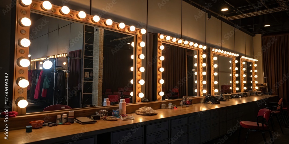 Brightly lit backstage dressing area with mirrors and makeup supplies during a performance setup