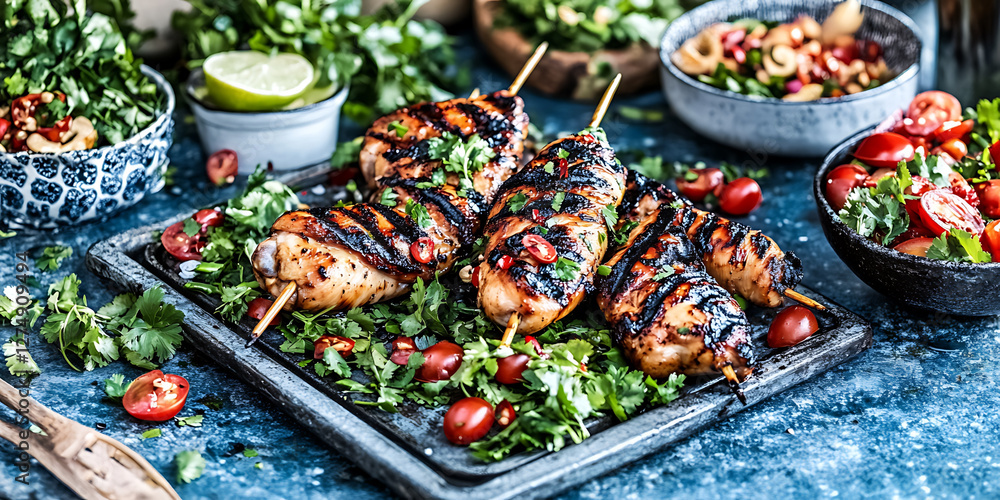 Grilled chicken skewers with fresh herbs and tomatoes presented on a rustic tray with bowls of salad. Grilled chicken skewers with fresh herbs and tomatoes presented on a rustic tray with bowls of salad.