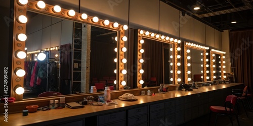 Obraz na płótnie Brightly lit backstage dressing area with mirrors and makeup supplies during a performance setup w salonie
