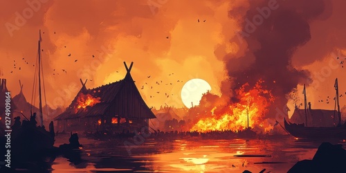 Viking village on fire reflected in orange water surface