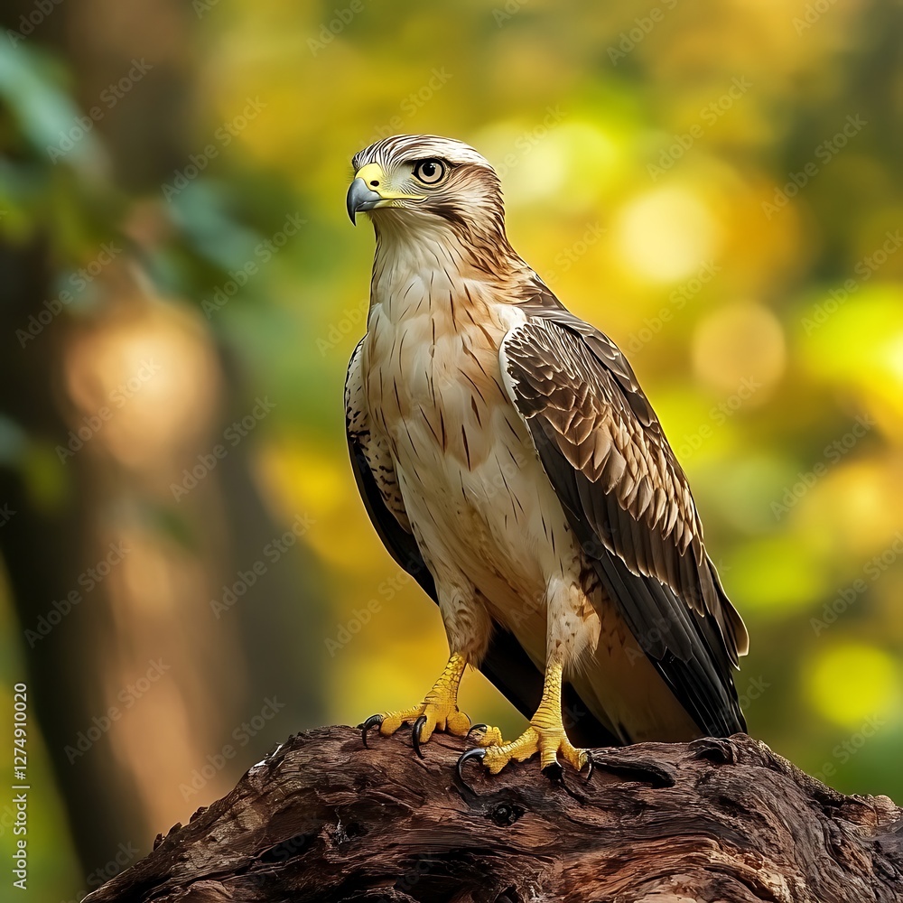 Fototapeta premium Forest Hawk Perched on Log, Autumn Light