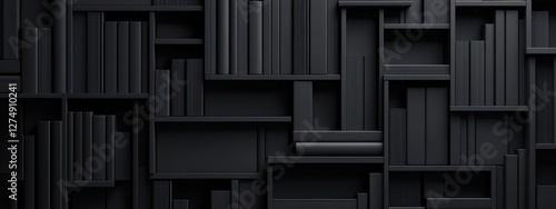 Abstract black bookshelves, knowledge, dark background, education concept