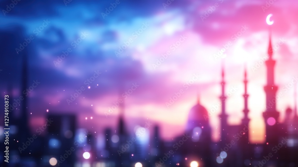 Fototapeta premium Beautiful sunset over a city skyline with minarets and colorful clouds