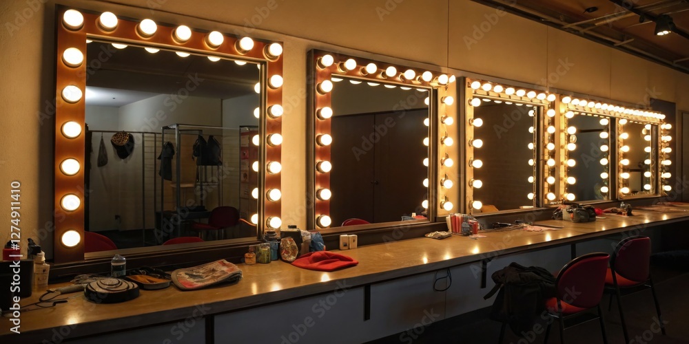 Brightly lit dressing room with large mirrors and makeup essentials for a performance in a theater setting