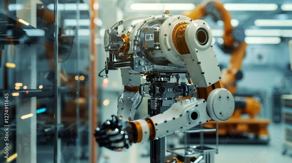 Industrial robotic arm in action, showcasing advanced technology and precision. scene highlights automation in modern manufacturing environment Industrial robotic arm in action, showcasing advanced technology and precision. scene highlights automation in modern manufacturing environment