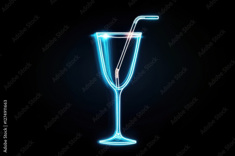 Neon glowing cocktail glass with a straw against a dark background Neon glowing cocktail glass with a straw against a dark background