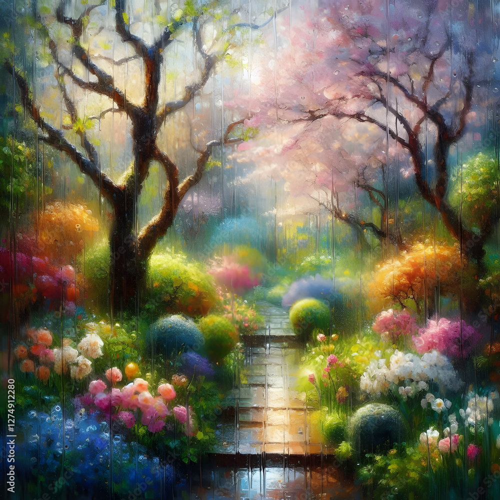 Fototapeta premium A vibrant garden path bathed in soft rain, blossoms bursting with color under a dreamy sky
