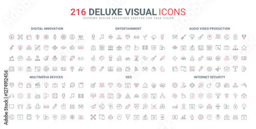 Audio and video devices and vlogging line icon set. Digital innovation, mobile application for cyber protection from virus, phishing and spam thin black and red outline symbols vector illustration