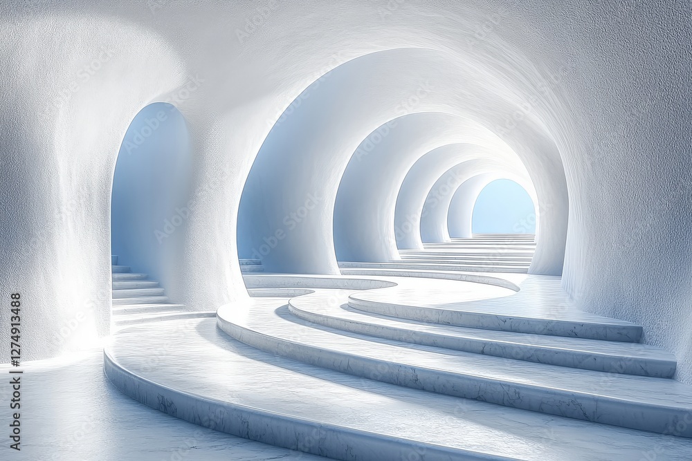3D render of a white tunnel with arches on sides, showcasing minimalistic style. 3D render of a white tunnel with arches on sides, showcasing minimalistic style.