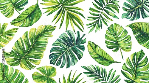 Tropical leaves pattern, white background, summer design, website banner