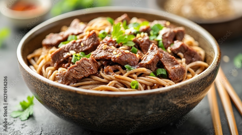 A bowl of beef noodles garnished with herbs, showcasing a delicious meal.