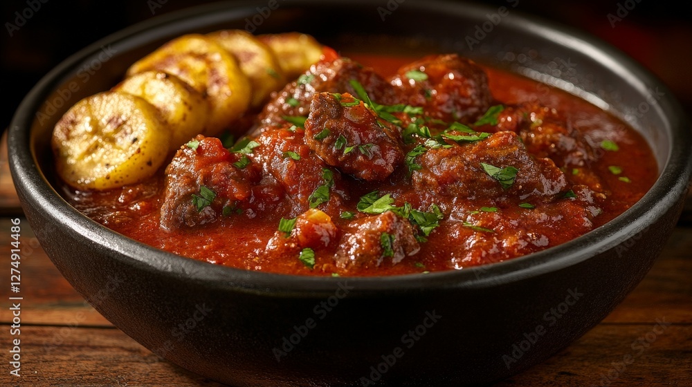 A bowl of beef stew served with fried plantains, garnished with herbs. A bowl of beef stew served with fried plantains, garnished with herbs.