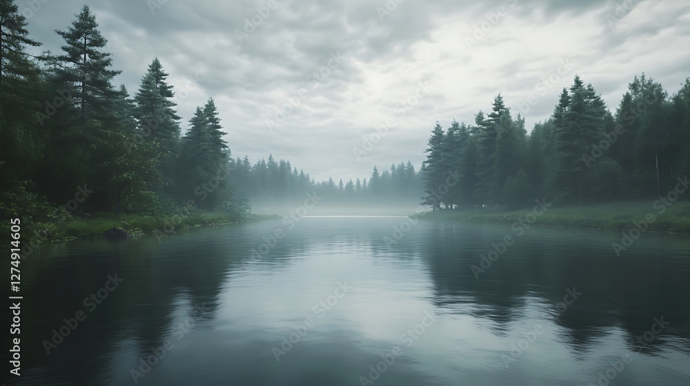 Lush Vegetation Along River With Storm Clouds Over Forest Landscape Lush Vegetation Along River With Storm Clouds Over Forest Landscape
