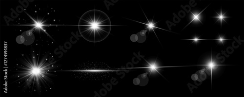 Glowing light bursts with sparkles. Glow light effect set, lens flare, explosion, glitter, line, sun flash, spark and star. Abstract image of lighting flare and white stars. Vector illustration