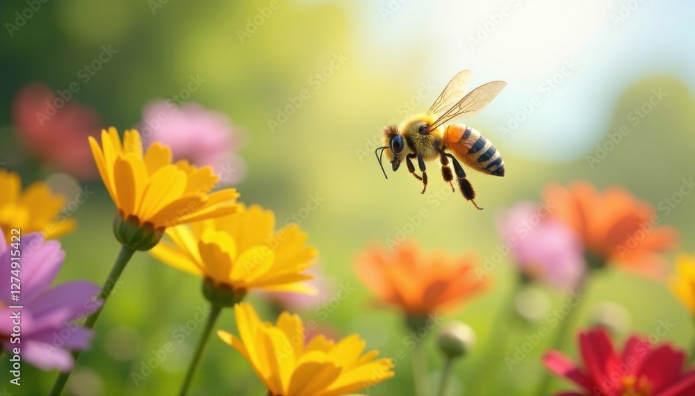 Yellow bee flying over colorful flowers in a sunny meadow, with a slight blur effect , outdoor, insect, nature Yellow bee flying over colorful flowers in a sunny meadow, with a slight blur effect , outdoor, insect, nature