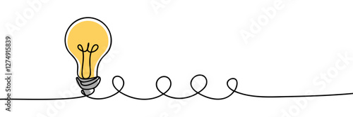 Single continuous one line art idea light bulb. Creative solution teamwork lamp concept minimal line art design, light sketch outline drawing vector illustration