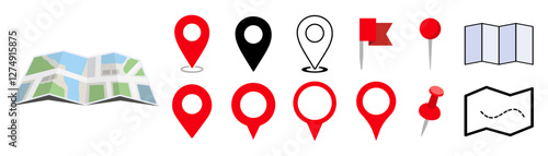 Location Pin Vector, GPS, Map Position Marker, Flat design and Outline elements, Red, Black