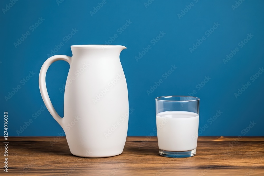 Elegant White Milk Pitcher and Glass on Wooden Table Against Blue Background Elegant White Milk Pitcher and Glass on Wooden Table Against Blue Background