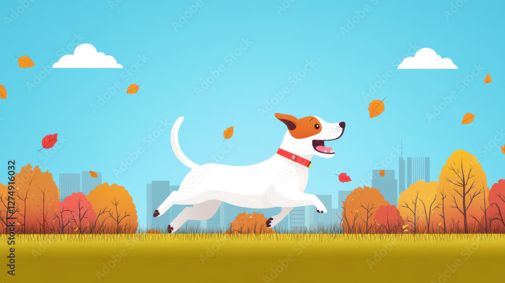 Naklejka premium joyful dog runs through autumn park, surrounded by colorful leaves and city skyline