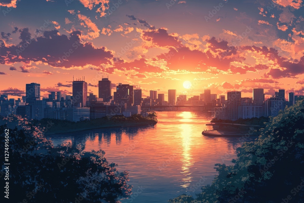 Fototapeta premium City skyline gleams at sunset near a tranquil river
