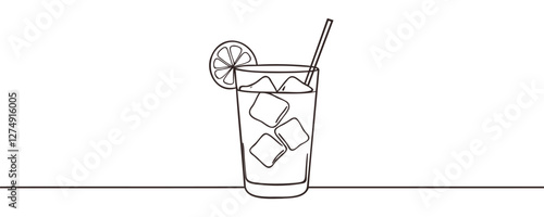 Glass of cocktail or lemonade with ice cubes. Continuous line drawing.